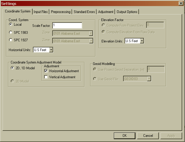 Settings, Coordinate System