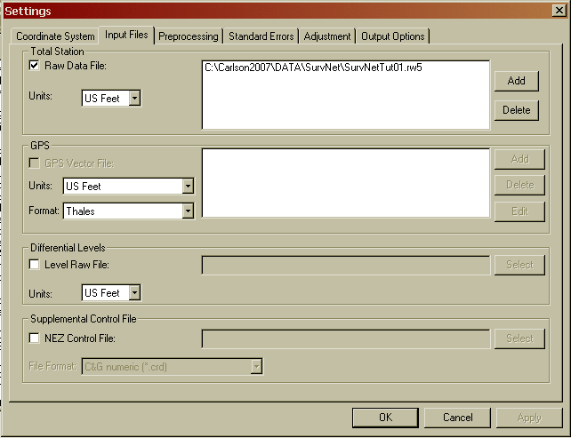 Settings, Input Files