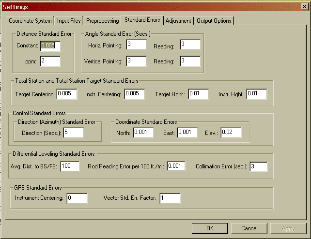 Settings, Standard Errors