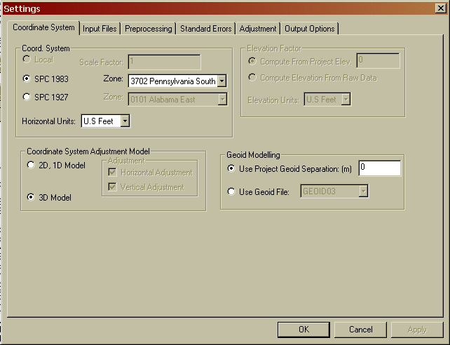 Settings, Coordinate System